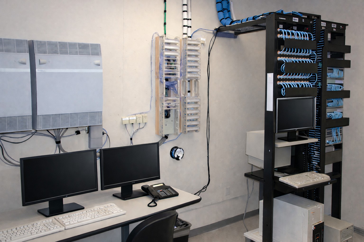Server rack installation with organized cabling in an office network closet