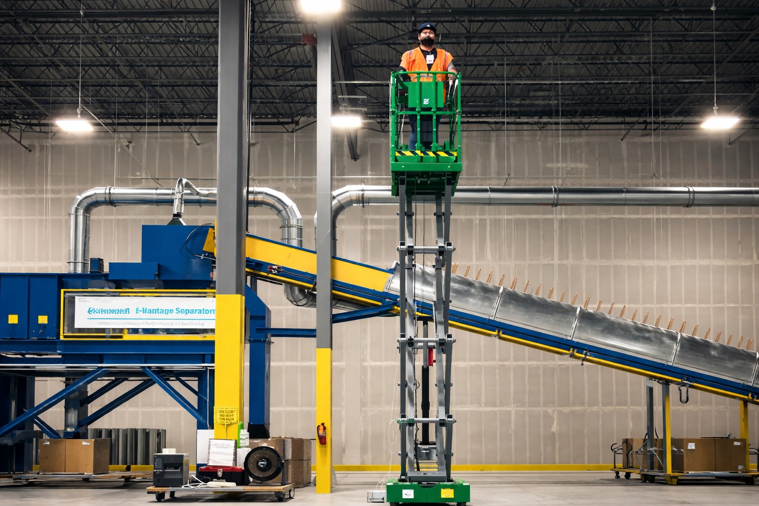 Technicians performing warehouse network cabling and wireless installation in a distribution center